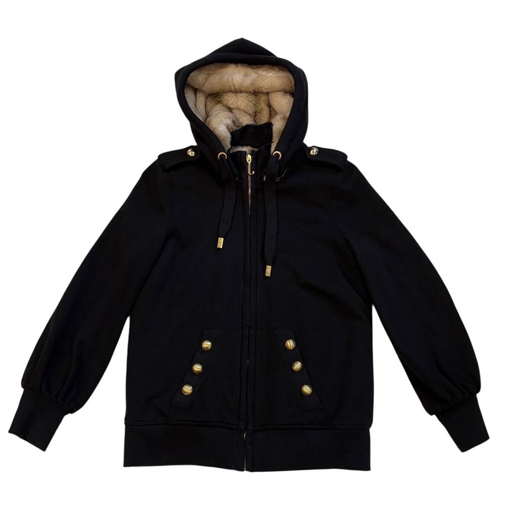 Juicy Couture Hoodie Womens Small Black Faux Fur Lined Removable Hood Military